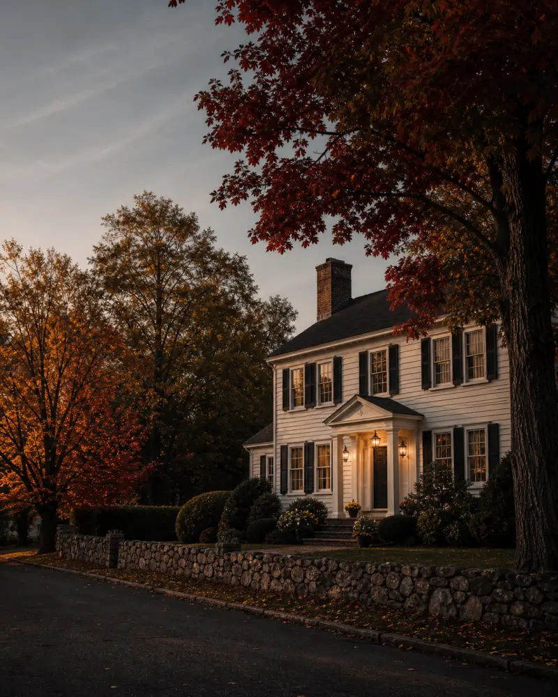 New England colonial home on a tree-lined Connecticut street at golden hour
