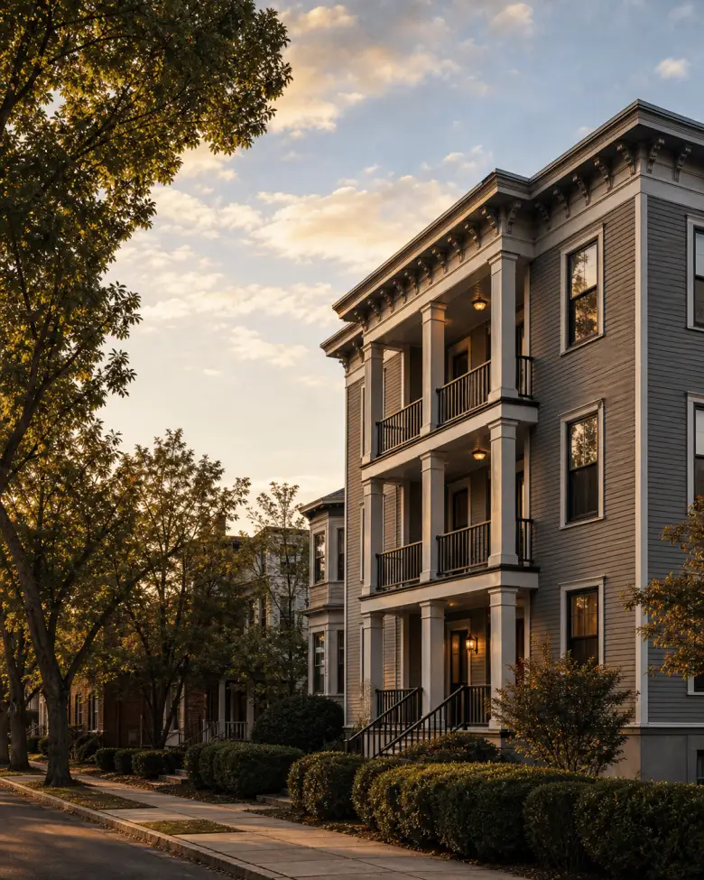 Three-story Victorian multifamily building in Connecticut at blue hour