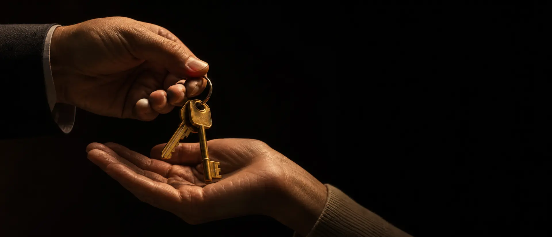 Close-up of a set of house keys being handed between two hands under warm light