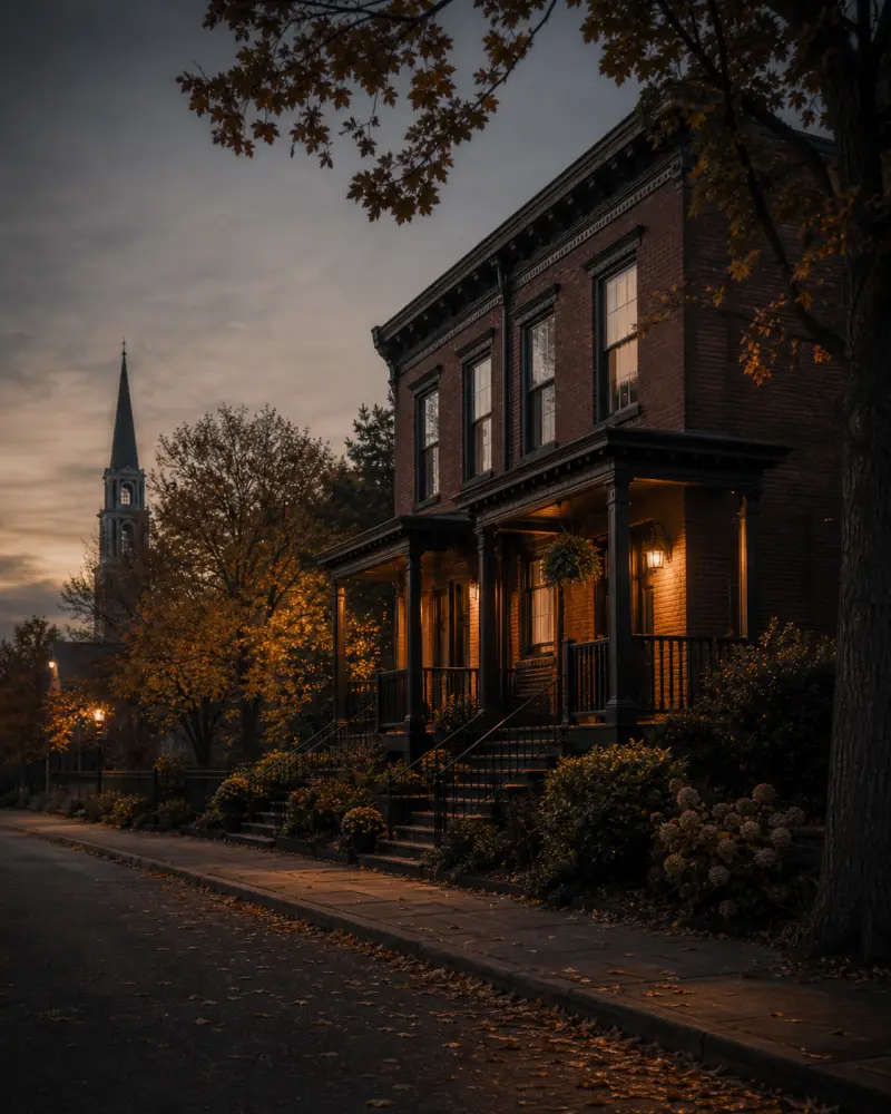 Brick two-family home in a Connecticut neighborhood at dusk